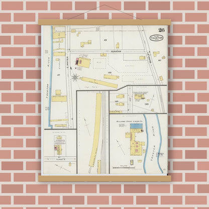 Old map wall art mockup — magnetic wood frame on brick wall — Sanborn Fire Insurance Map from Taunton, Bristol County, Massachusetts (1893), Sheet #0026