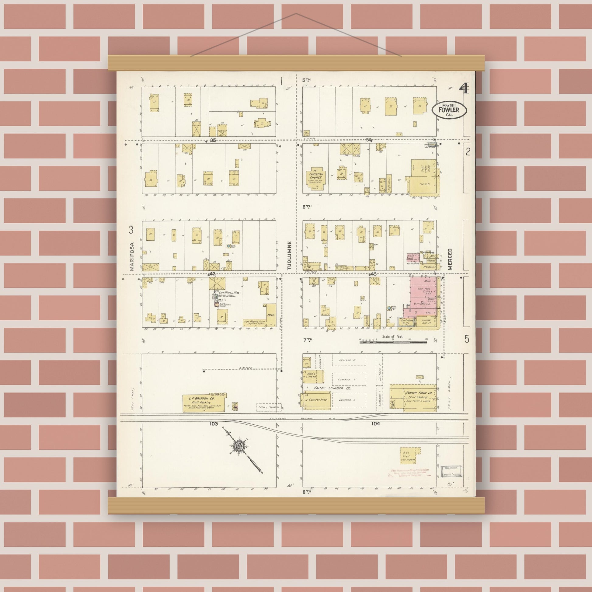 Old map wall art mockup — magnetic wood frame on brick wall — Sanborn Fire Insurance Map from Fowler, Fresno County, California (1911), Sheet #0004