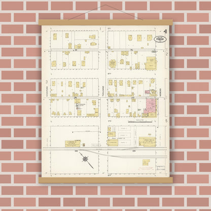 Old map wall art mockup — magnetic wood frame on brick wall — Sanborn Fire Insurance Map from Fowler, Fresno County, California (1911), Sheet #0004