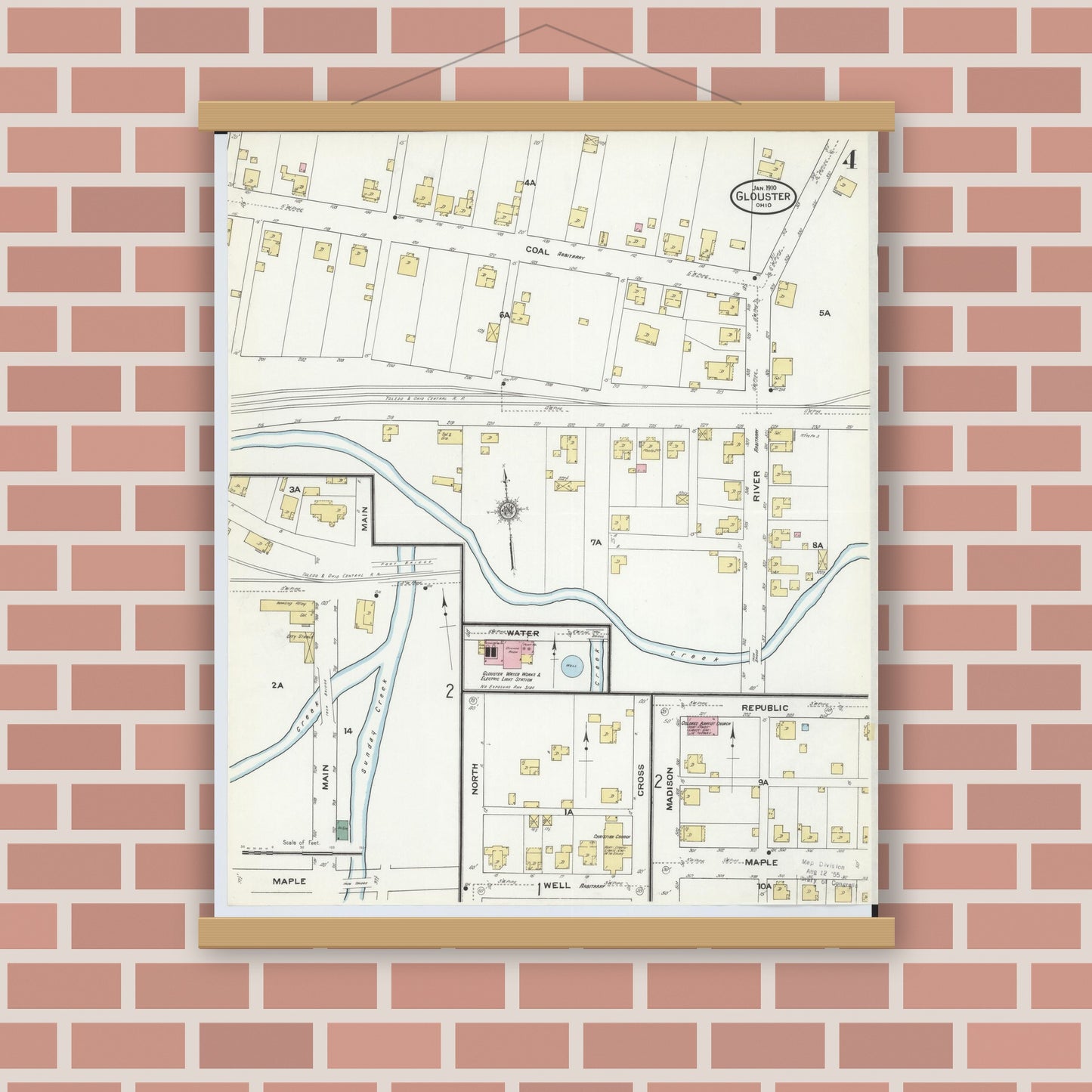 Old map wall art mockup — magnetic wood frame on brick wall — Sanborn Fire Insurance Map from Glouster, Athens County, Ohio (1910), Sheet #0004