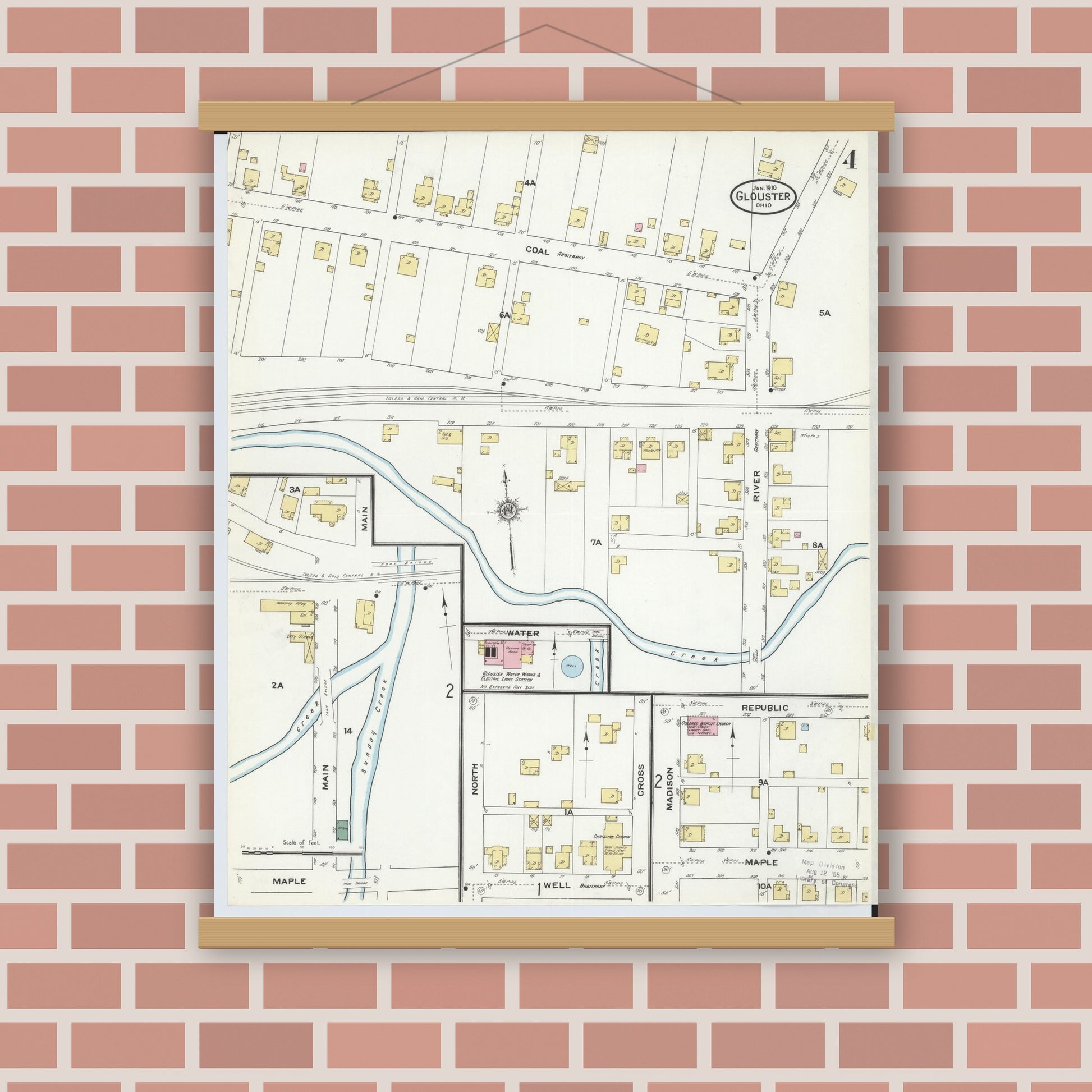 Old map wall art mockup — magnetic wood frame on brick wall — Sanborn Fire Insurance Map from Glouster, Athens County, Ohio (1910), Sheet #0004