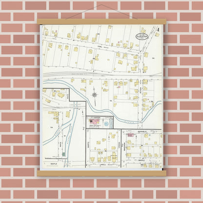 Old map wall art mockup — magnetic wood frame on brick wall — Sanborn Fire Insurance Map from Glouster, Athens County, Ohio (1910), Sheet #0004