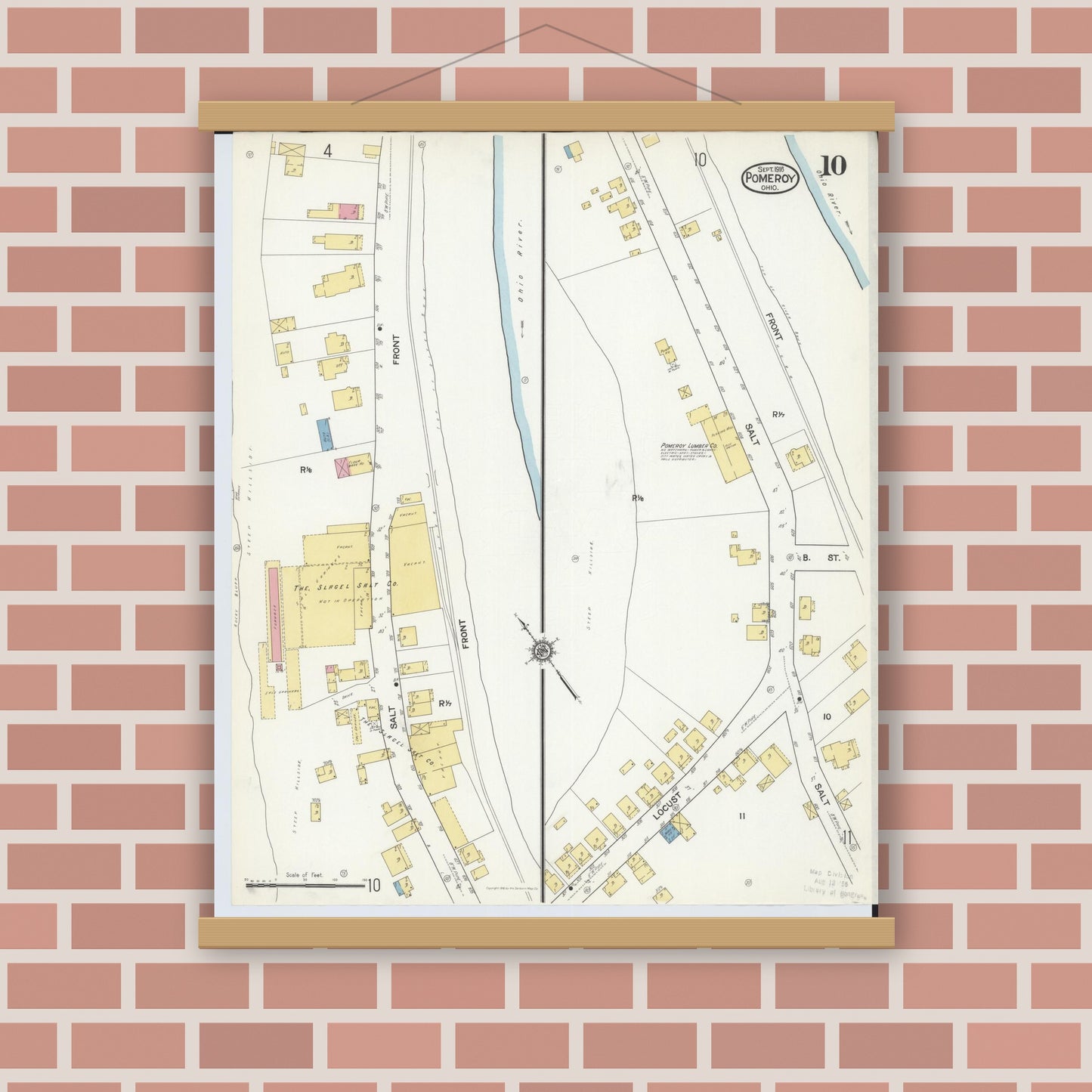 Old map wall art mockup — magnetic wood frame on brick wall — Sanborn Fire Insurance Map from Pomeroy, Meigs County, Ohio (1916), Sheet #0010