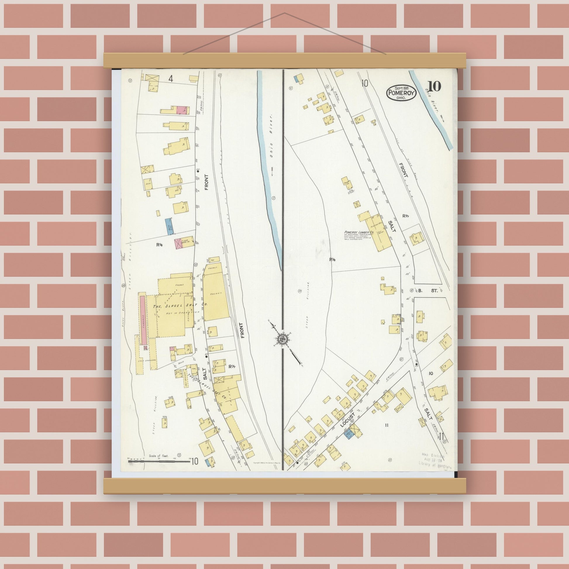 Old map wall art mockup — magnetic wood frame on brick wall — Sanborn Fire Insurance Map from Pomeroy, Meigs County, Ohio (1916), Sheet #0010