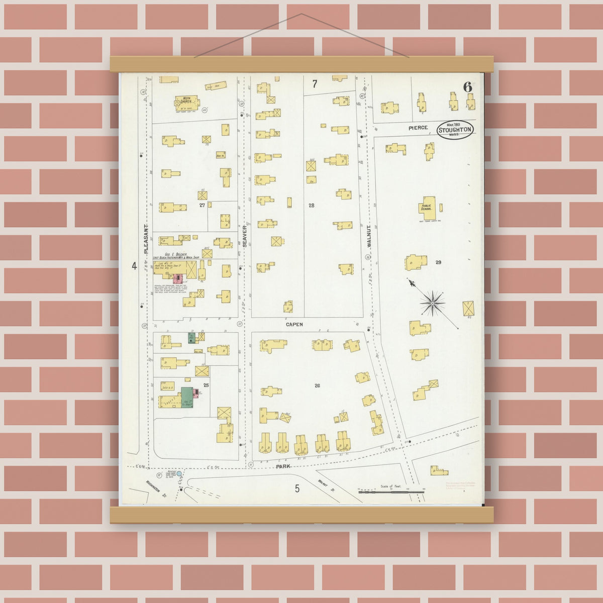 Old map wall art mockup — magnetic wood frame on brick wall — Sanborn Fire Insurance Map from Stoughton, Norfolk County, Massachusetts (1901), Sheet #0006