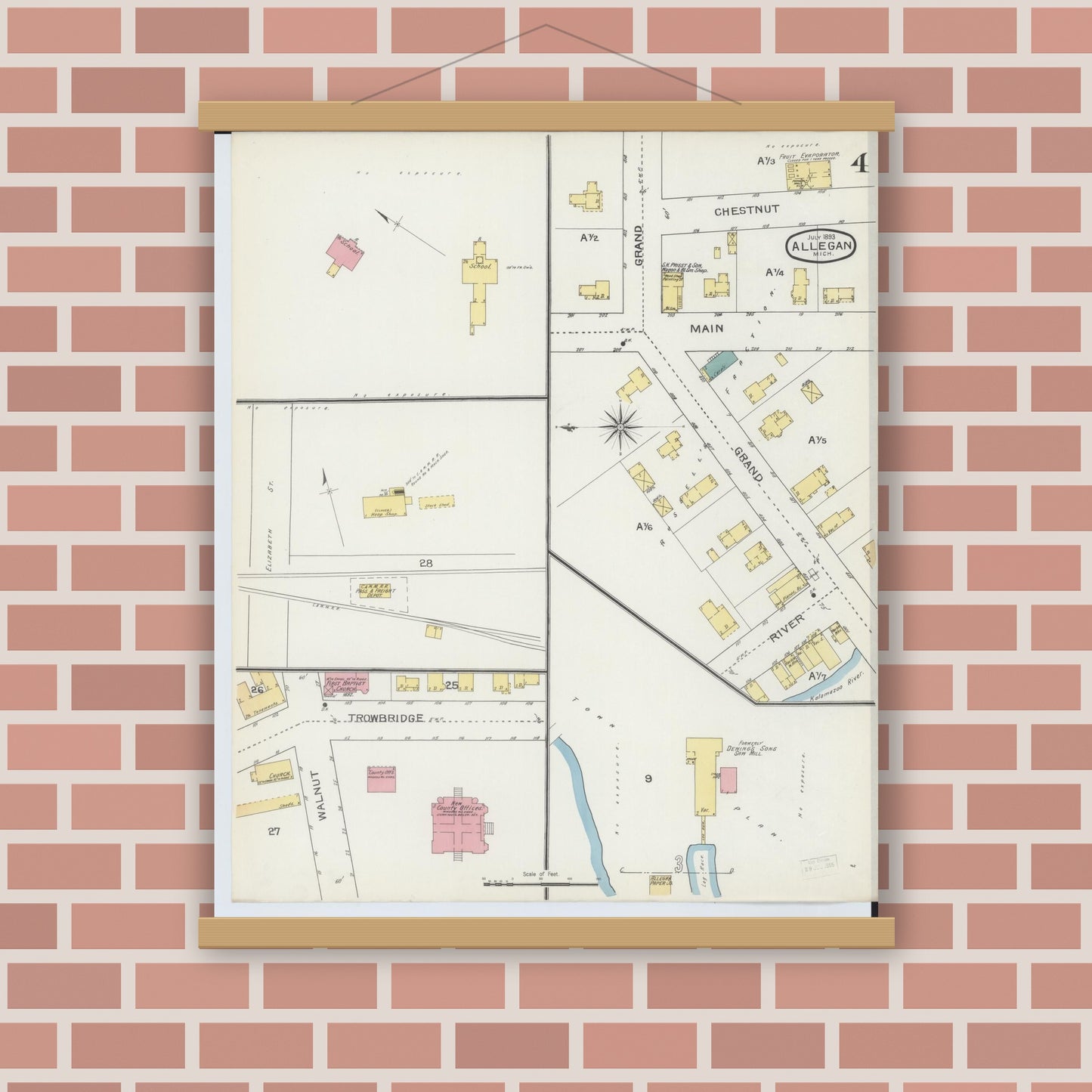Old map wall art mockup — magnetic wood frame on brick wall — Sanborn Fire Insurance Map from Allegan, Allegan County, Michigan (1893), Sheet #0004