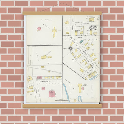 Old map wall art mockup — magnetic wood frame on brick wall — Sanborn Fire Insurance Map from Allegan, Allegan County, Michigan (1893), Sheet #0004