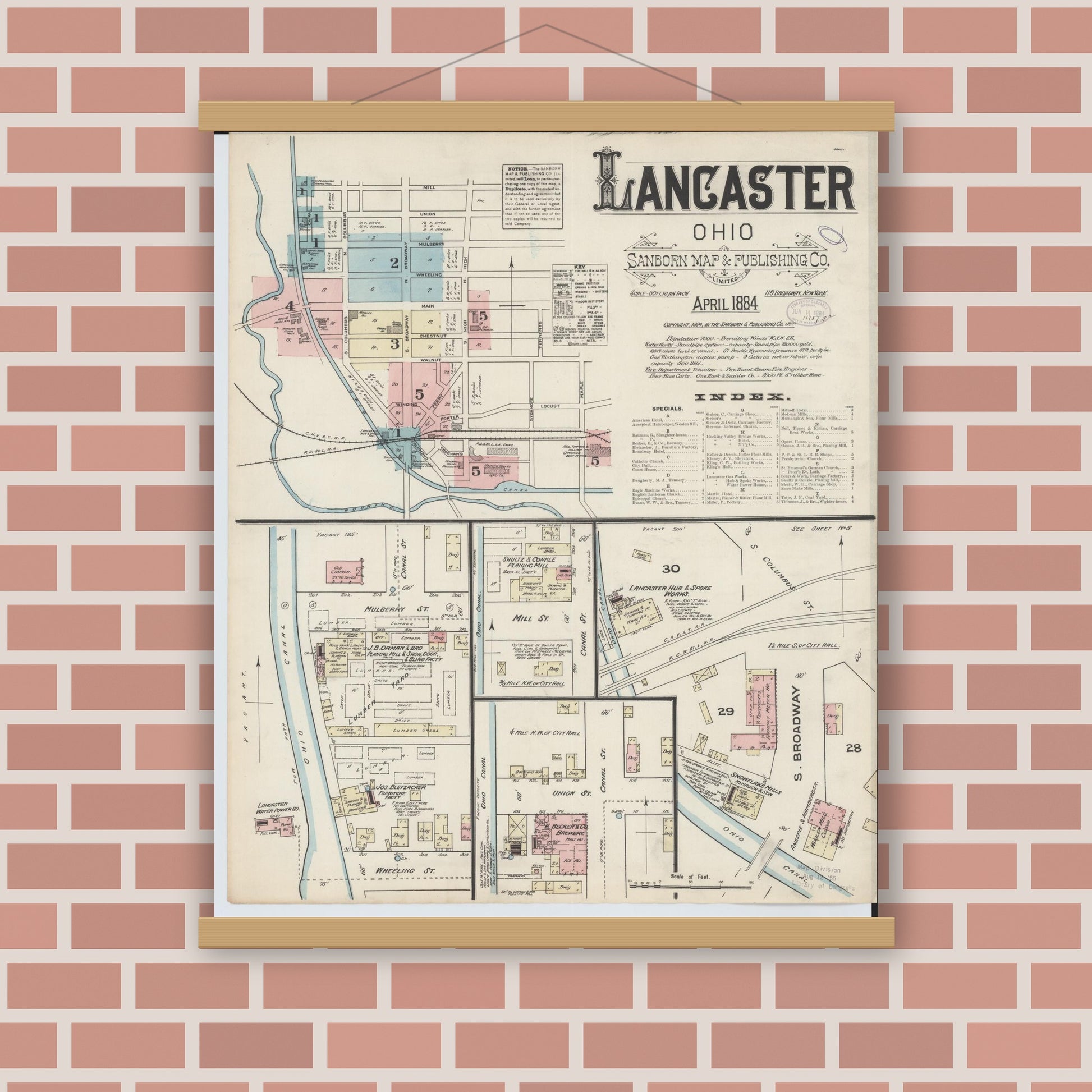 Old map wall art mockup — magnetic wood frame on brick wall — Sanborn Fire Insurance Map from Lancaster, Fairfield County, Ohio (1884), Sheet #0001