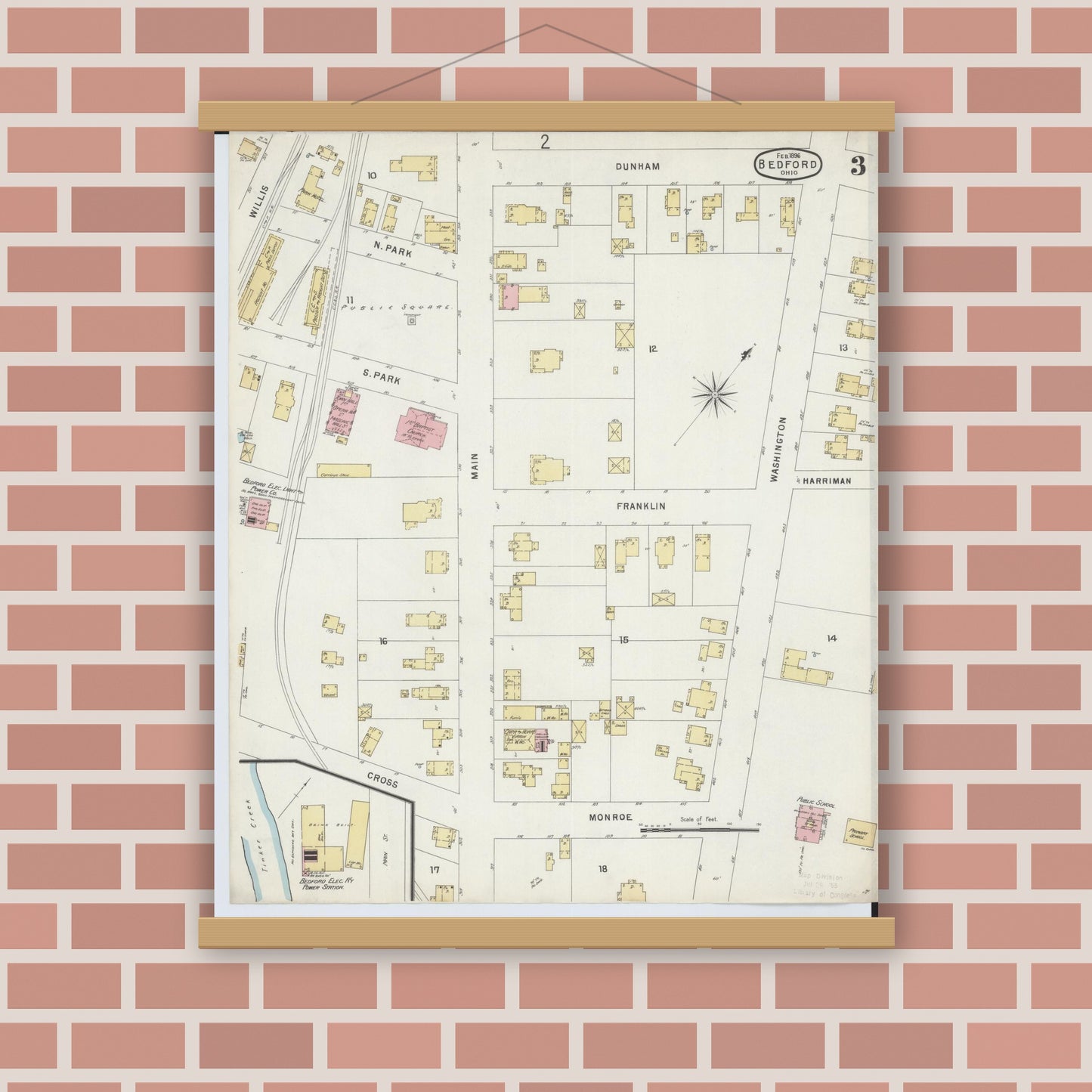 Old map wall art mockup — magnetic wood frame on brick wall — Sanborn Fire Insurance Map from Bedford, Cuyahoga County, Ohio (1896), Sheet #0003