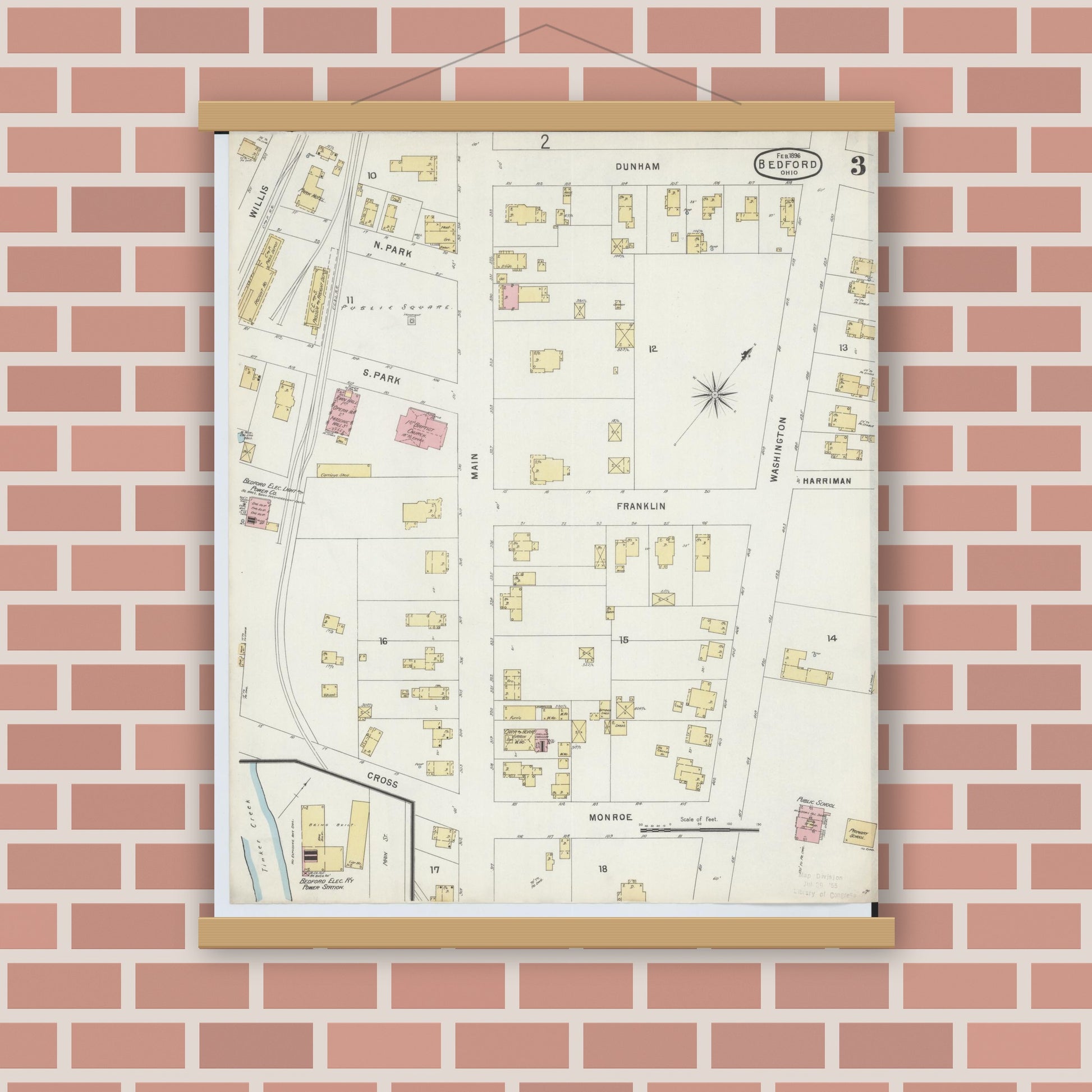 Old map wall art mockup — magnetic wood frame on brick wall — Sanborn Fire Insurance Map from Bedford, Cuyahoga County, Ohio (1896), Sheet #0003