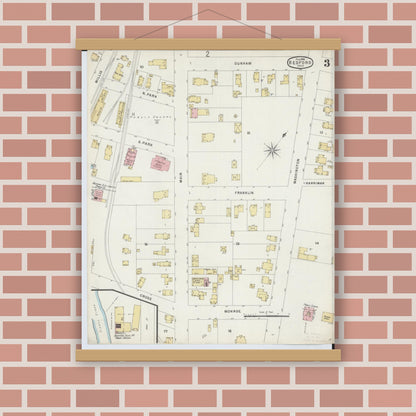 Old map wall art mockup — magnetic wood frame on brick wall — Sanborn Fire Insurance Map from Bedford, Cuyahoga County, Ohio (1896), Sheet #0003