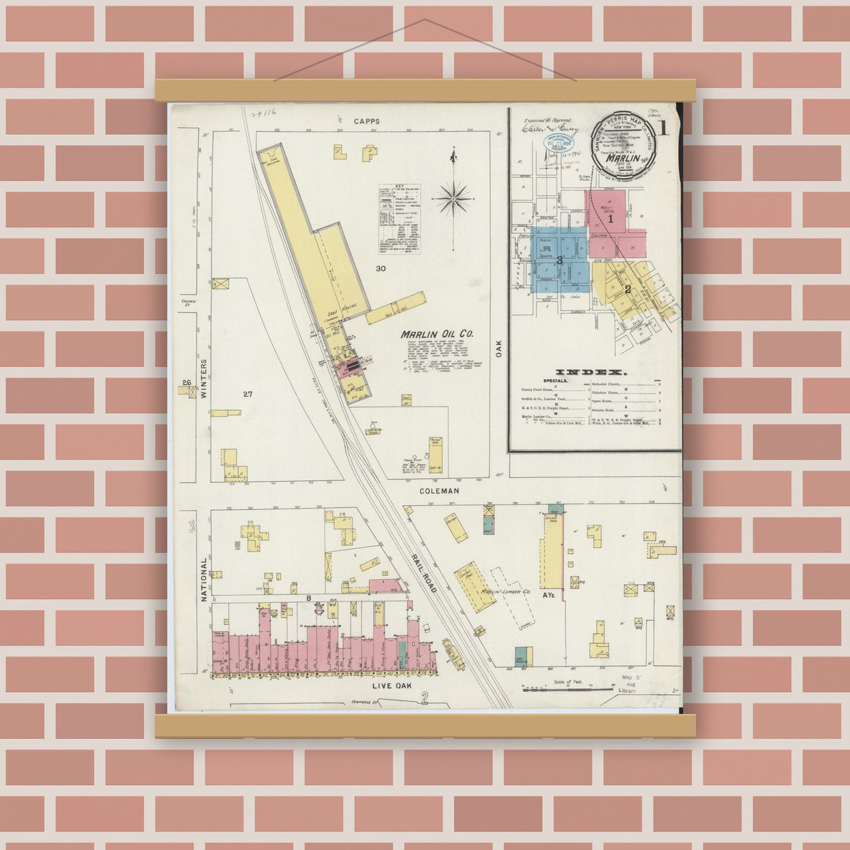 Old map wall art mockup — magnetic wood frame on brick wall — Sanborn Fire Insurance Map from Marlin, Falls County, Texas (1894), Sheet #0001