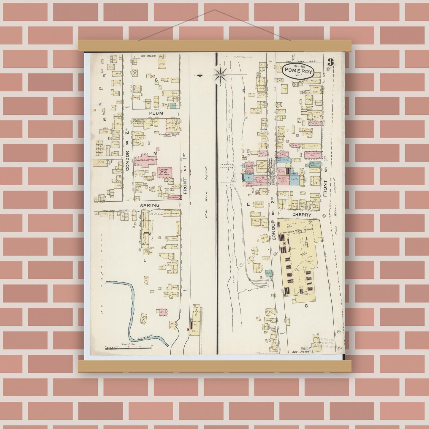 Old map wall art mockup — magnetic wood frame on brick wall — Sanborn Fire Insurance Map from Pomeroy, Meigs County, Ohio (1888), Sheet #0003