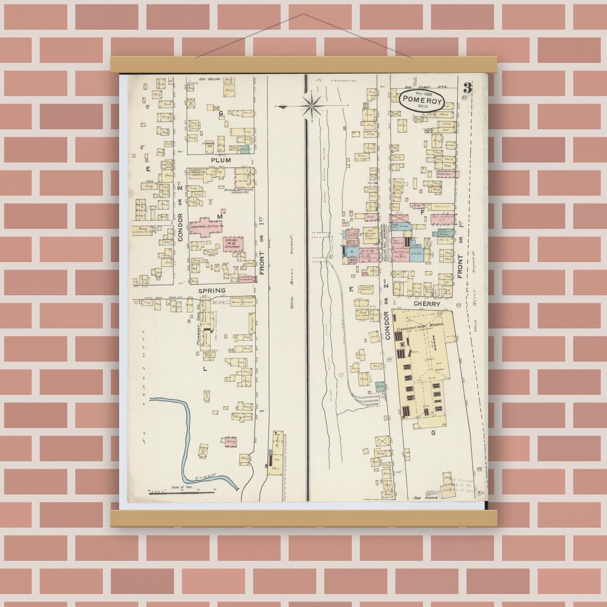 Old map wall art mockup — magnetic wood frame on brick wall — Sanborn Fire Insurance Map from Pomeroy, Meigs County, Ohio (1888), Sheet #0003