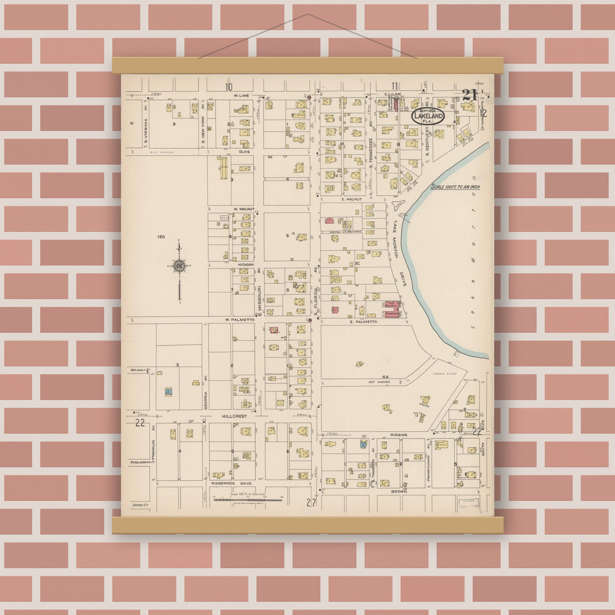 Old map wall art mockup — magnetic wood frame on brick wall — Sanborn Fire Insurance Map from Lakeland, Polk County, Florida (1922), Sheet #0021