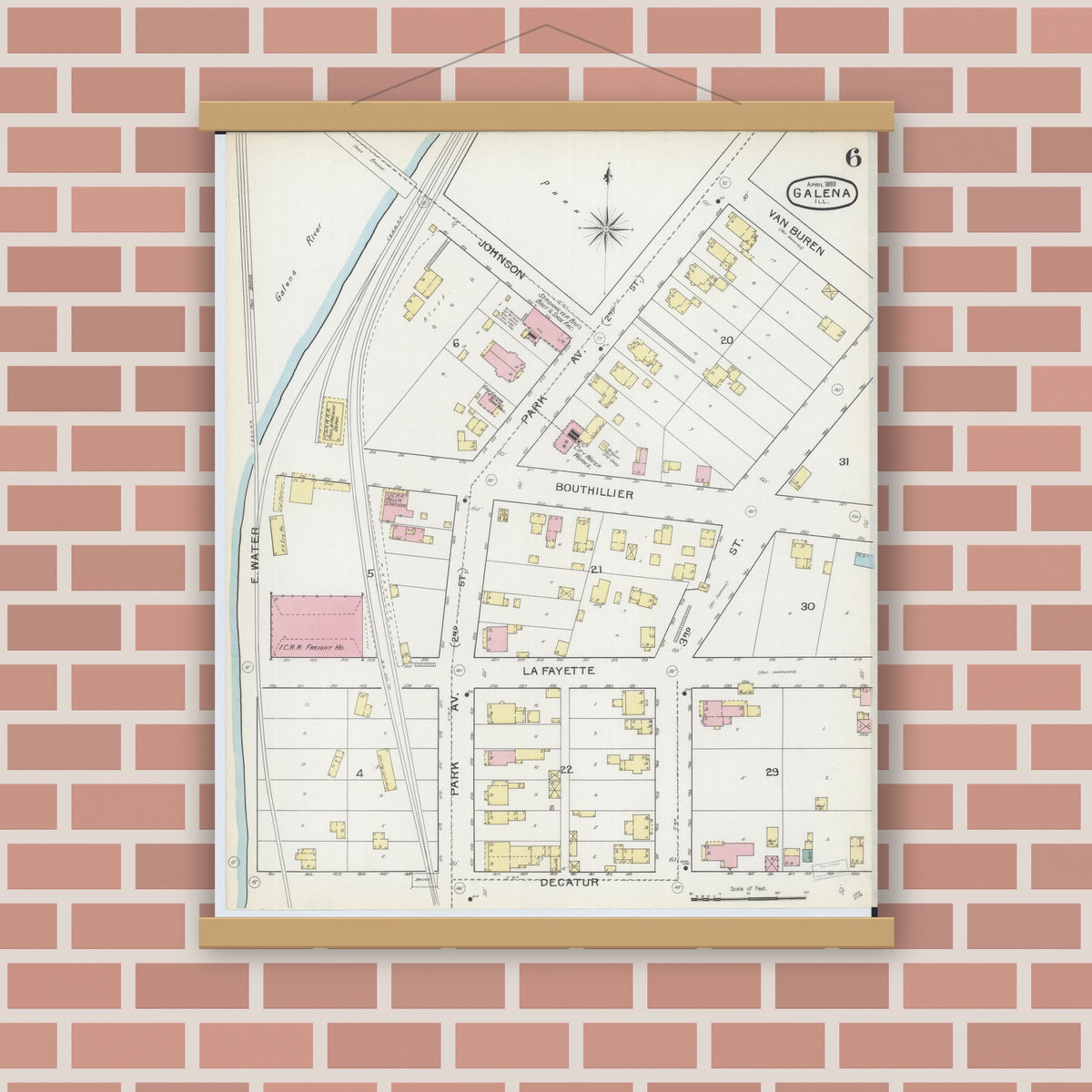 Old map wall art mockup — magnetic wood frame on brick wall — Sanborn Fire Insurance Map from Galena, Jo Daviess County, Illinois (1893), Sheet #0006