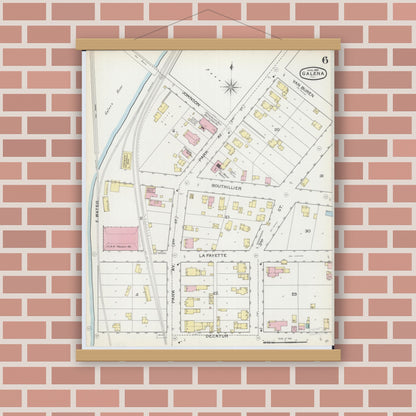 Old map wall art mockup — magnetic wood frame on brick wall — Sanborn Fire Insurance Map from Galena, Jo Daviess County, Illinois (1893), Sheet #0006