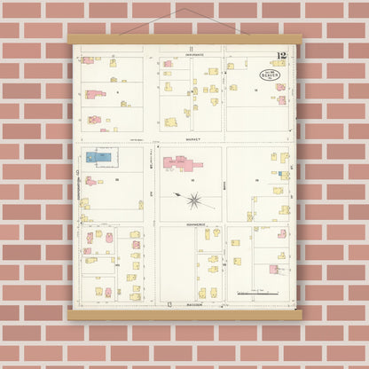 Old map wall art mockup — magnetic wood frame on brick wall — Sanborn Fire Insurance Map from Beaver, Beaver County, Pennsylvania (1906), Sheet #0012