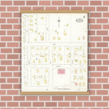 Old map wall art mockup — magnetic wood frame on brick wall — Sanborn Fire Insurance Map from Bloomfield, Davis County, Iowa (1913), Sheet #0002