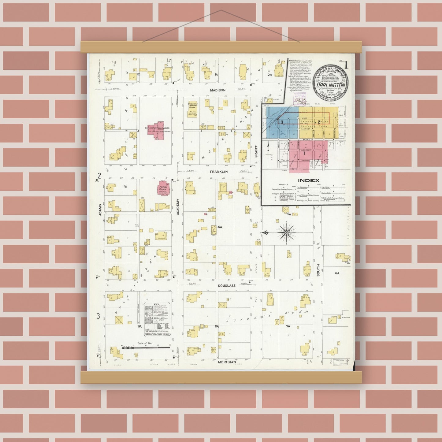 Old map wall art mockup — magnetic wood frame on brick wall — Sanborn Fire Insurance Map from Darlington, Montgomery County, Indiana (1909), Sheet #0001