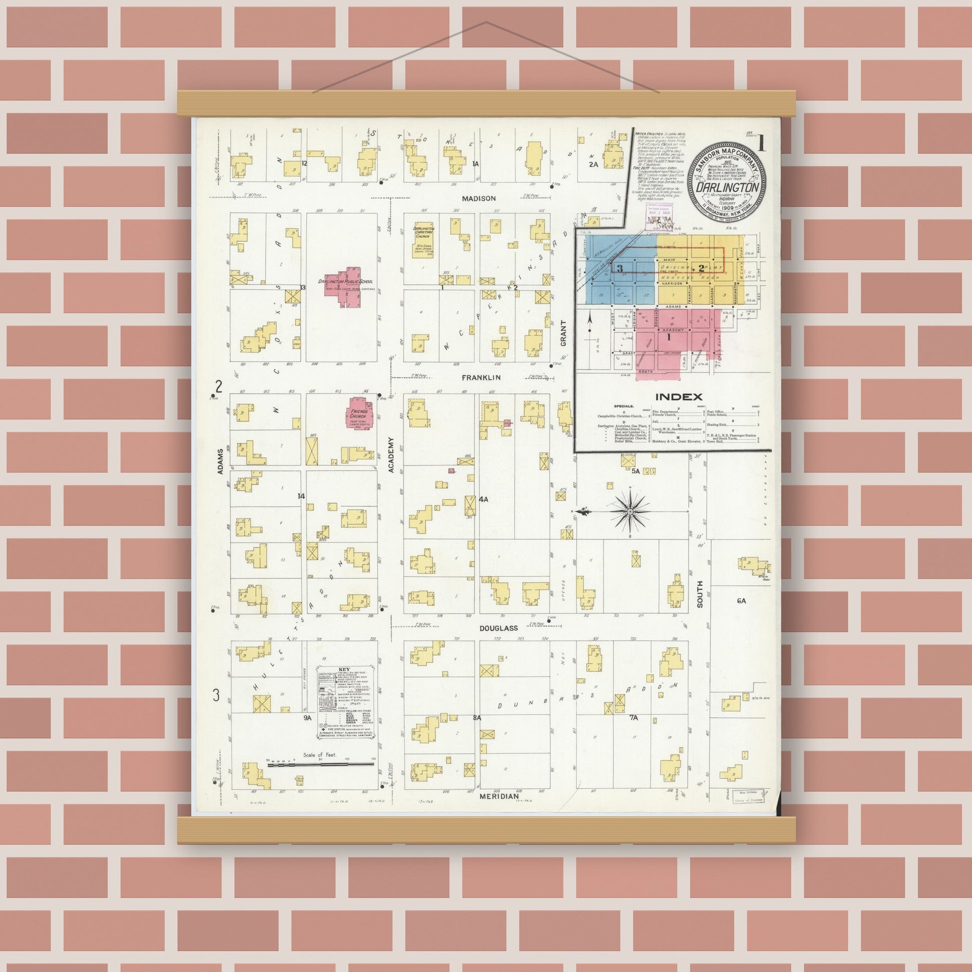 Old map wall art mockup — magnetic wood frame on brick wall — Sanborn Fire Insurance Map from Darlington, Montgomery County, Indiana (1909), Sheet #0001
