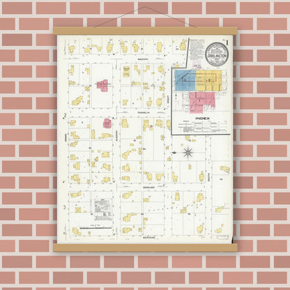 Old map wall art mockup — magnetic wood frame on brick wall — Sanborn Fire Insurance Map from Darlington, Montgomery County, Indiana (1909), Sheet #0001
