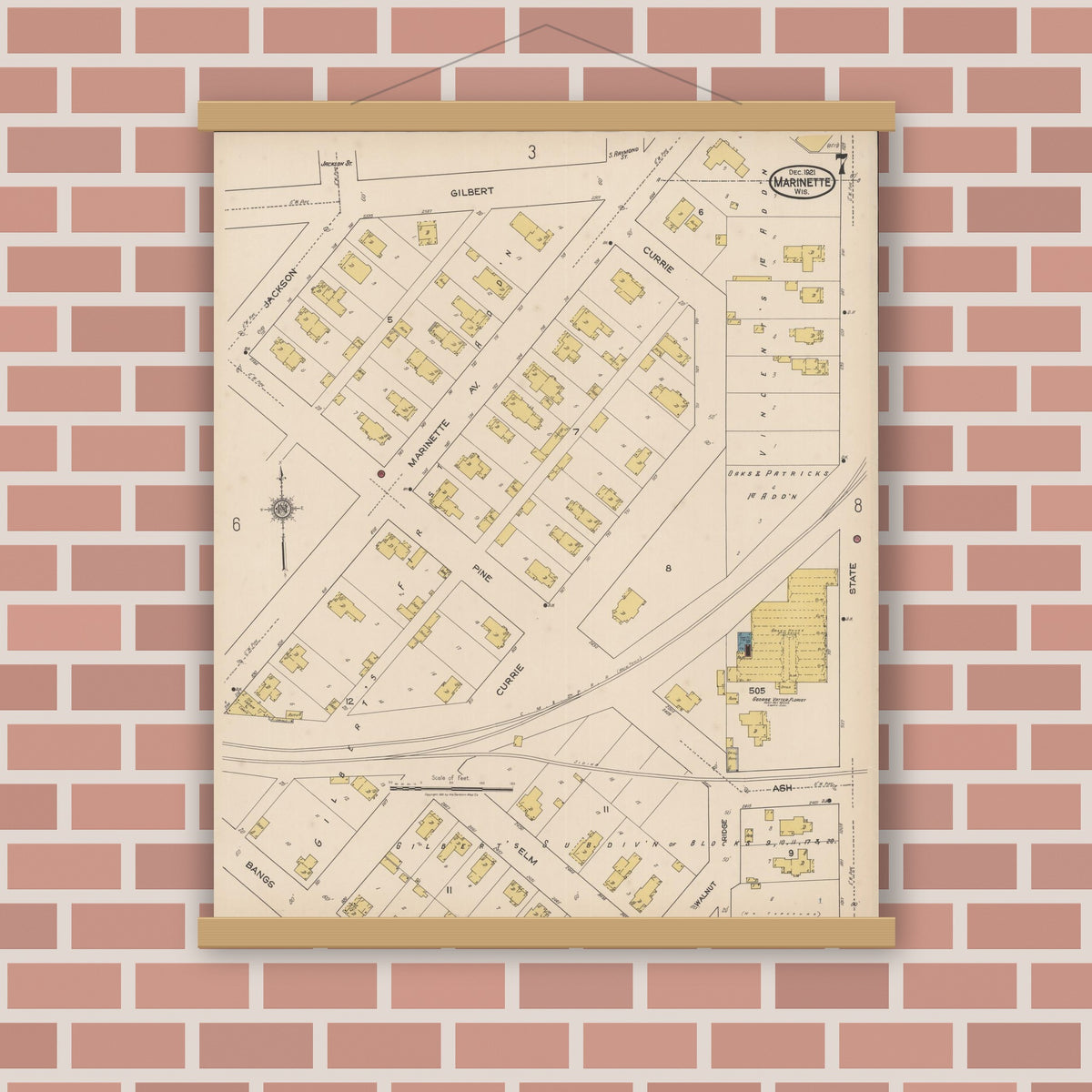 Old map wall art mockup — magnetic wood frame on brick wall — Sanborn Fire Insurance Map from Marinette, Marinette County, Wisconsin (1921), Sheet #0007