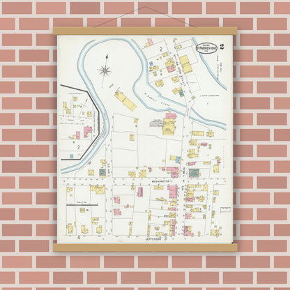 Old map wall art mockup — magnetic wood frame on brick wall — Sanborn Fire Insurance Map from Sainte Genevieve, Saint Genevieve County, Missouri (1901), Sheet #0002