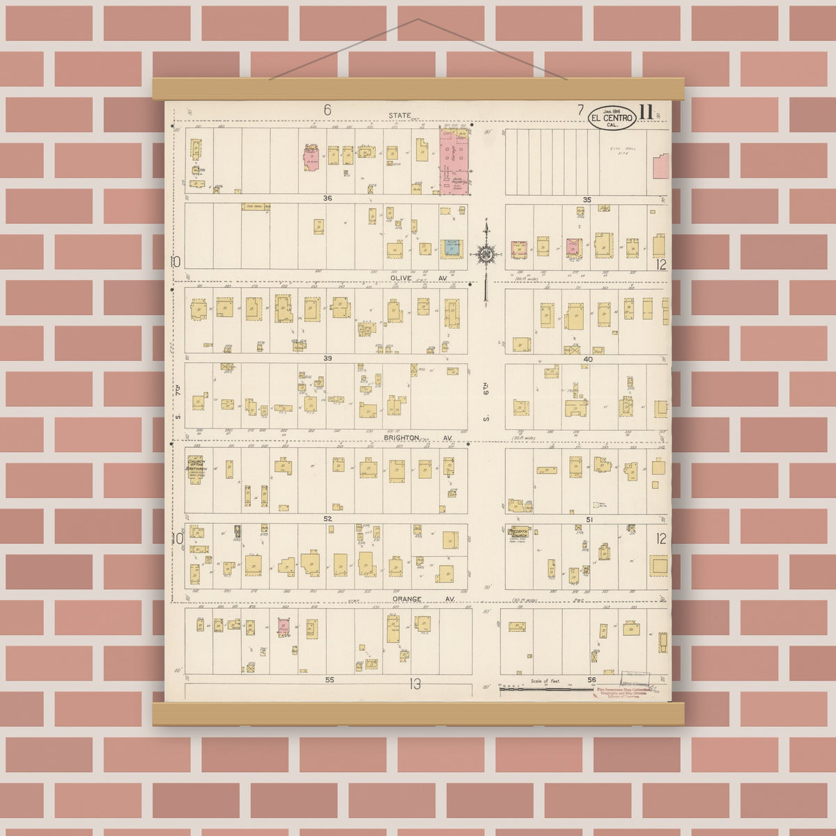 Old map wall art mockup — magnetic wood frame on brick wall — Sanborn Fire Insurance Map from El Centro, Imperial County, California (1914), Sheet #0011