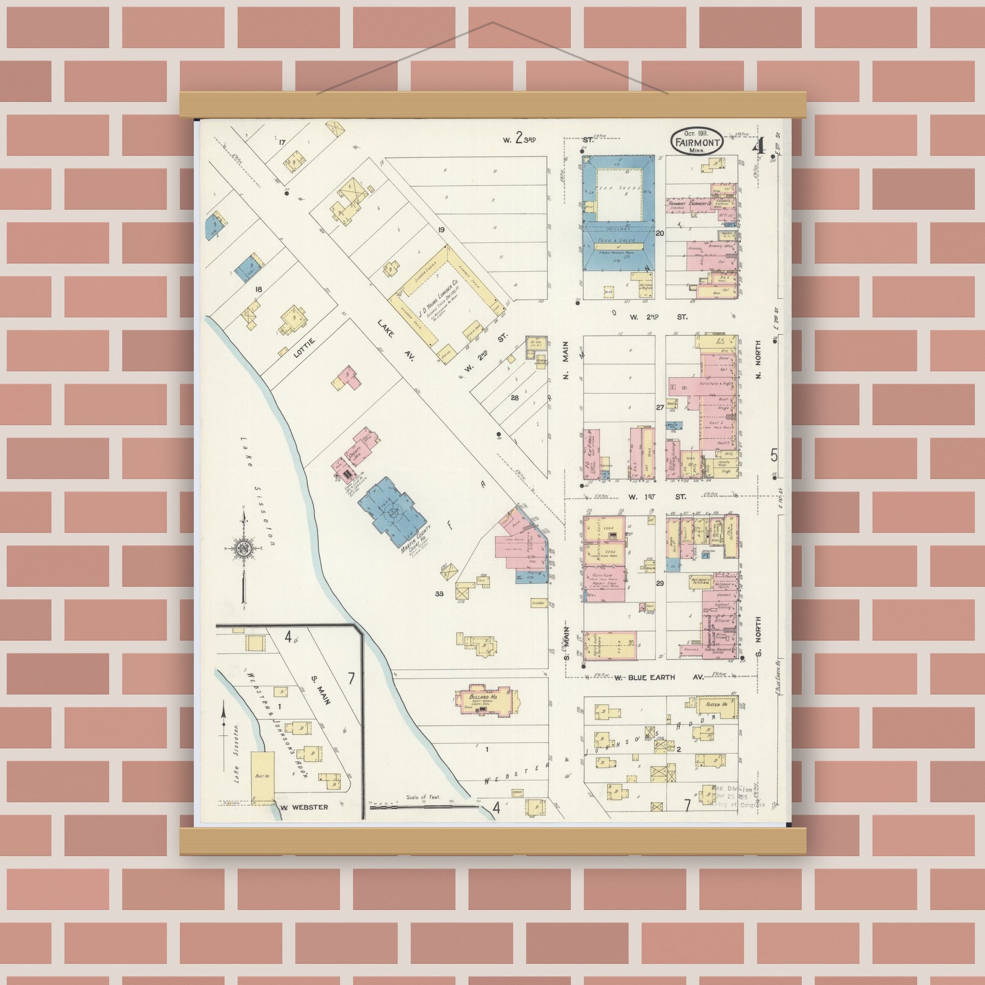 Old map wall art mockup — magnetic wood frame on brick wall — Sanborn Fire Insurance Map from Fairmont, Martin County, Minnesota (1911), Sheet #0004