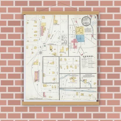 Old map wall art mockup — magnetic wood frame on brick wall — Sanborn Fire Insurance Map from Plymouth, Huron And Richland Counties, Ohio (1899) - Complete Map Set