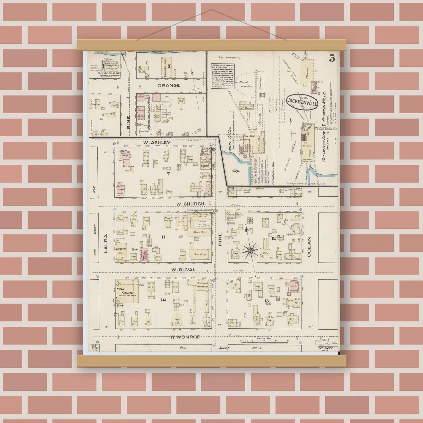 Old map wall art mockup — magnetic wood frame on brick wall — Sanborn Fire Insurance Map from Jacksonville, Duval County, Florida (1884), Sheet #0005