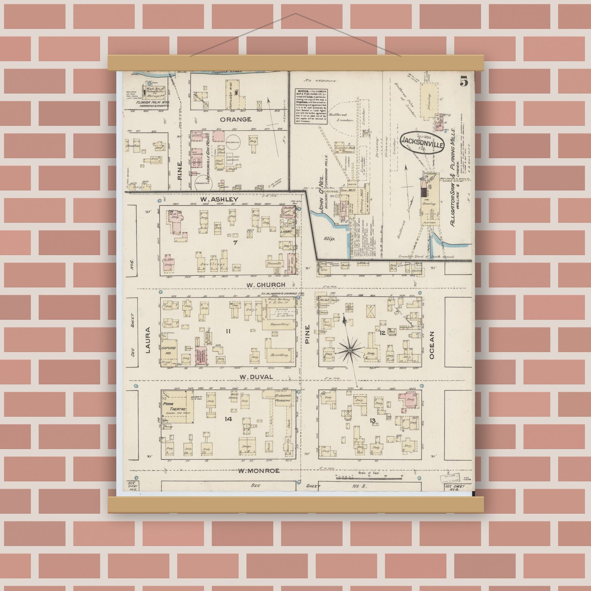 Old map wall art mockup — magnetic wood frame on brick wall — Sanborn Fire Insurance Map from Jacksonville, Duval County, Florida (1884), Sheet #0005
