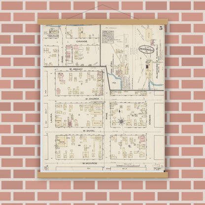 Old map wall art mockup — magnetic wood frame on brick wall — Sanborn Fire Insurance Map from Jacksonville, Duval County, Florida (1884), Sheet #0005