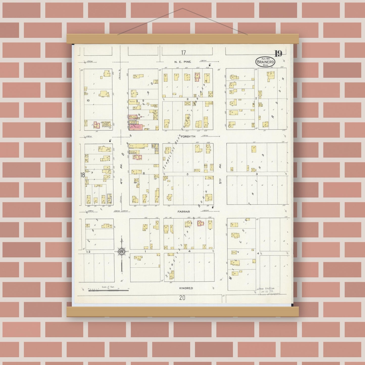 Old map wall art mockup — magnetic wood frame on brick wall — Sanborn Fire Insurance Map from Brainerd, Crow Wing County, Minnesota (1913), Sheet #0019