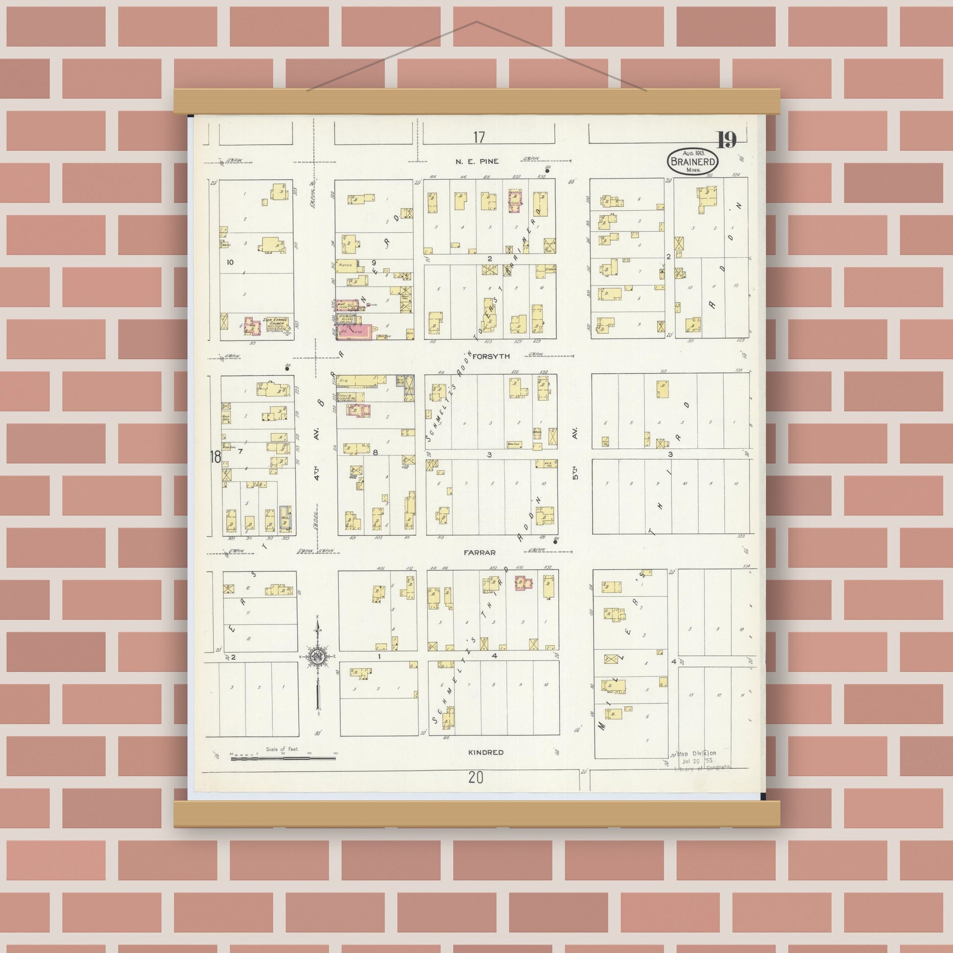 Old map wall art mockup — magnetic wood frame on brick wall — Sanborn Fire Insurance Map from Brainerd, Crow Wing County, Minnesota (1913), Sheet #0019