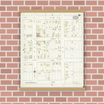 Old map wall art mockup — magnetic wood frame on brick wall — Sanborn Fire Insurance Map from Brainerd, Crow Wing County, Minnesota (1913), Sheet #0019