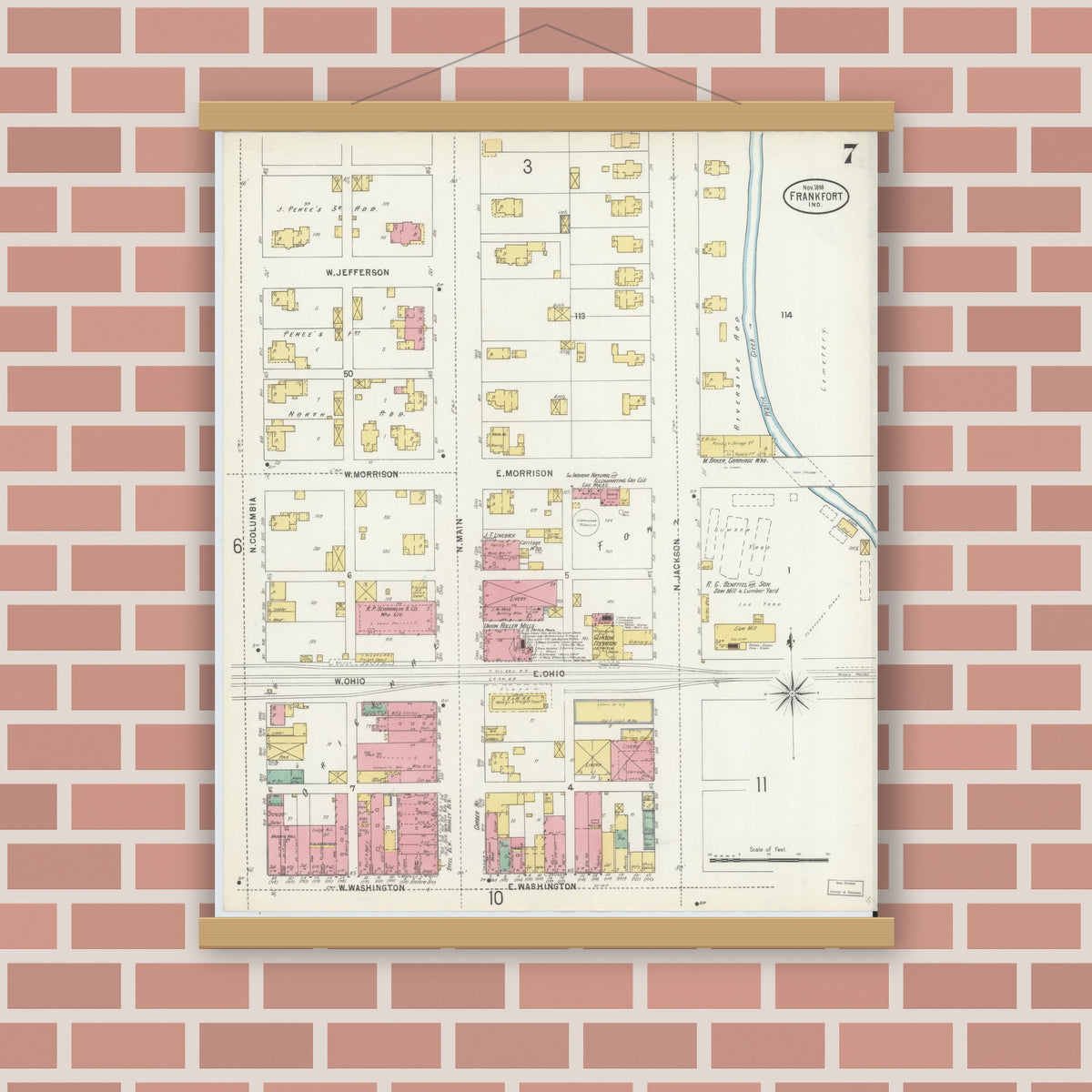 Old map wall art mockup — magnetic wood frame on brick wall — Sanborn Fire Insurance Map from Frankfort, Clinton County, Indiana (1898), Sheet #0007