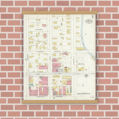 Old map wall art mockup — magnetic wood frame on brick wall — Sanborn Fire Insurance Map from Frankfort, Clinton County, Indiana (1898), Sheet #0007