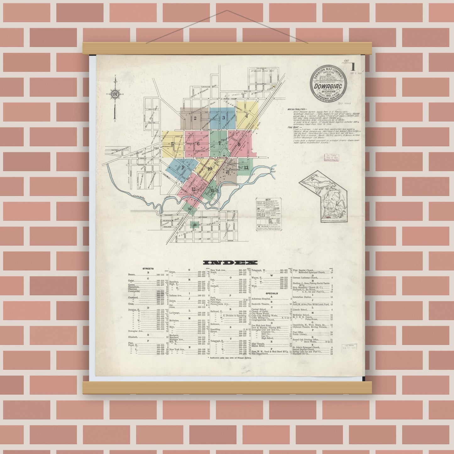 Old map wall art mockup — magnetic wood frame on brick wall — Sanborn Fire Insurance Map from Dowagiac, Cass County, Michigan (1913), Sheet #0001