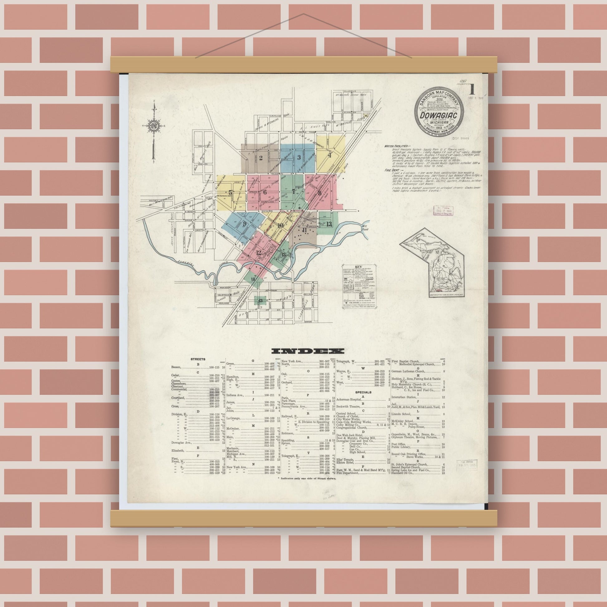Old map wall art mockup — magnetic wood frame on brick wall — Sanborn Fire Insurance Map from Dowagiac, Cass County, Michigan (1913), Sheet #0001