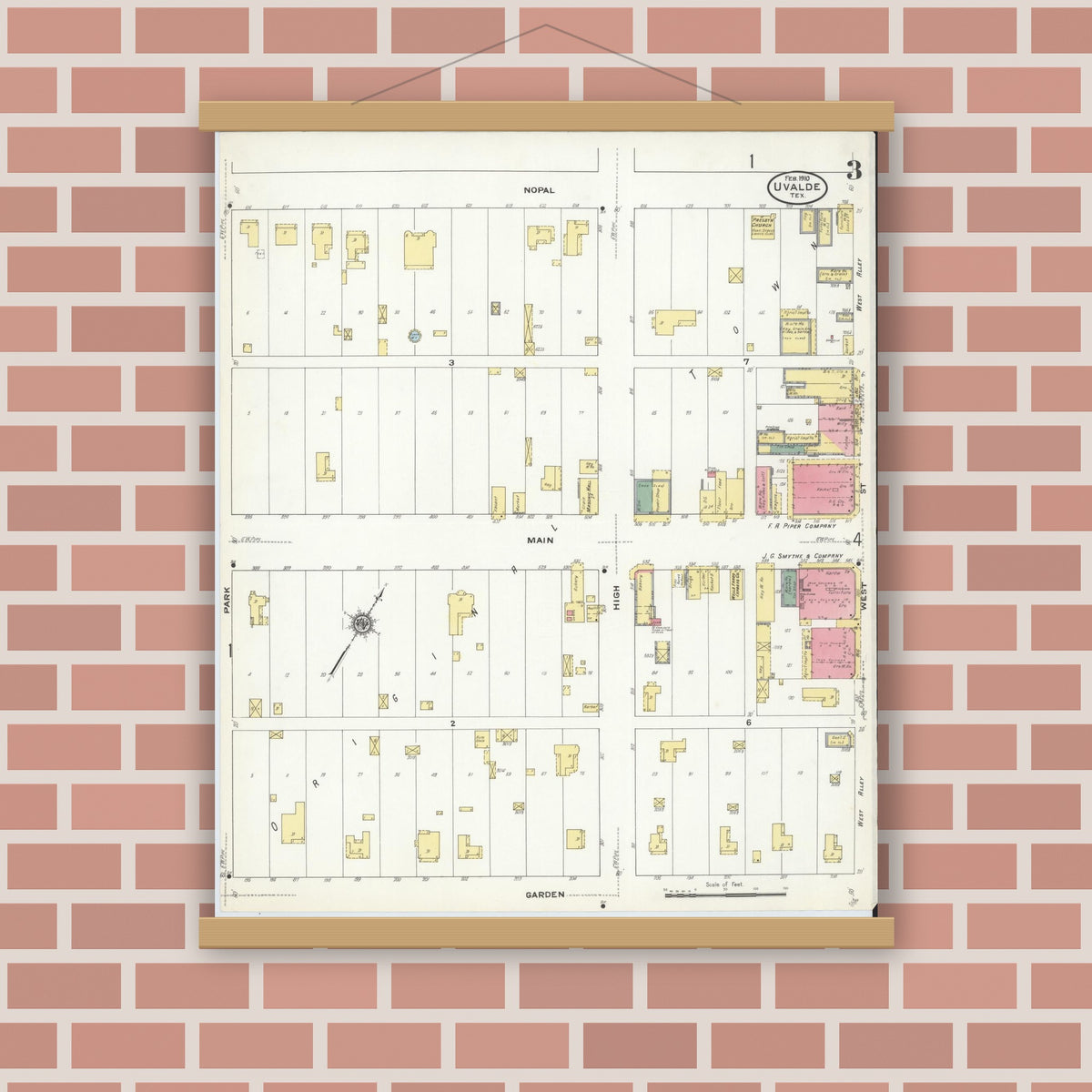 Old map wall art mockup — magnetic wood frame on brick wall — Sanborn Fire Insurance Map from Uvalde, Uvalde County, Texas (1910), Sheet #0003