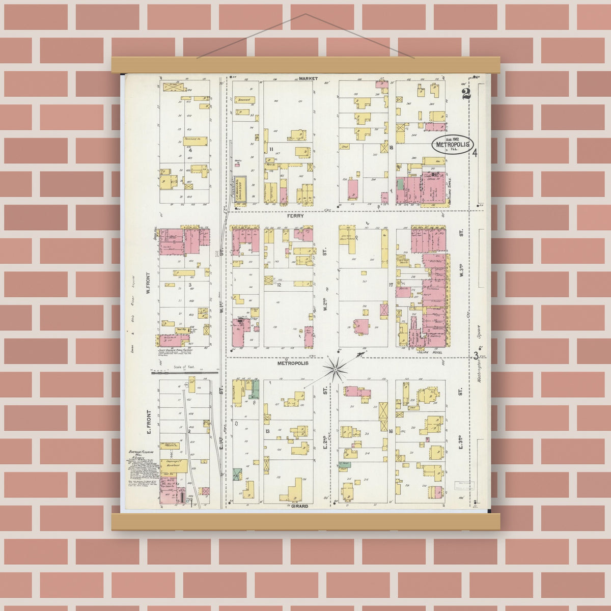 Old map wall art mockup — magnetic wood frame on brick wall — Sanborn Fire Insurance Map from Metropolis, Massac County, Illinois (1902), Sheet #0002
