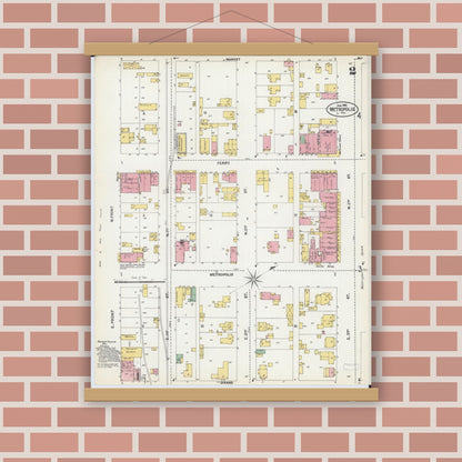 Old map wall art mockup — magnetic wood frame on brick wall — Sanborn Fire Insurance Map from Metropolis, Massac County, Illinois (1902), Sheet #0002