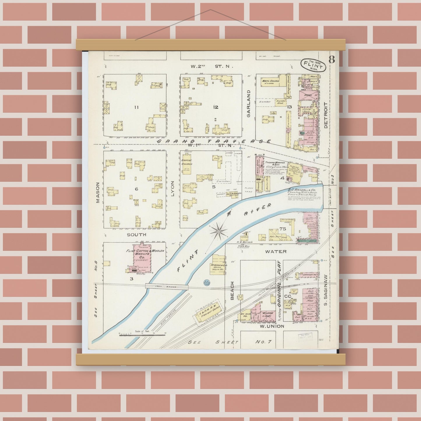 Old map wall art mockup — magnetic wood frame on brick wall — Sanborn Fire Insurance Map from Flint, Genesee County, Michigan (1886), Sheet #0008