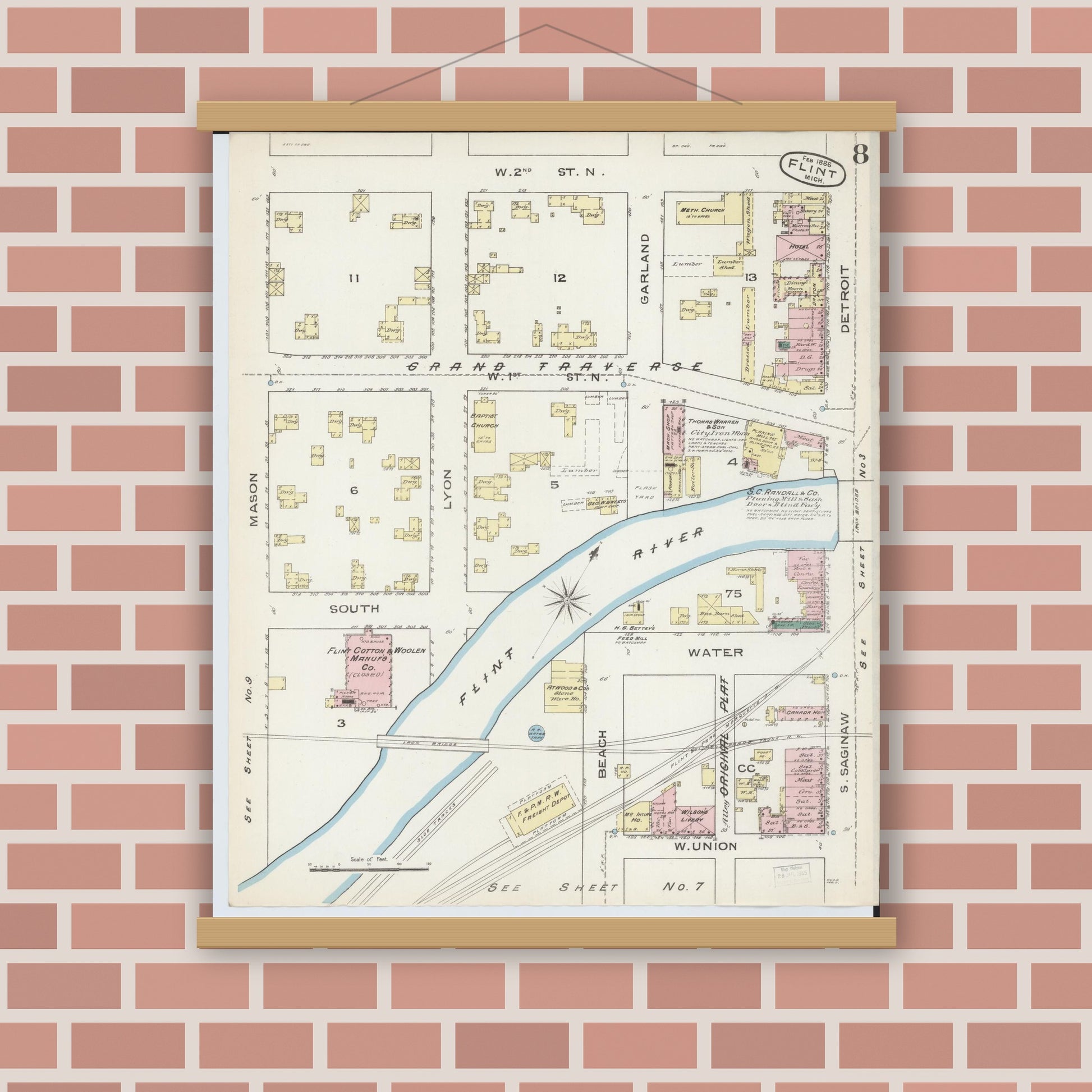 Old map wall art mockup — magnetic wood frame on brick wall — Sanborn Fire Insurance Map from Flint, Genesee County, Michigan (1886), Sheet #0008