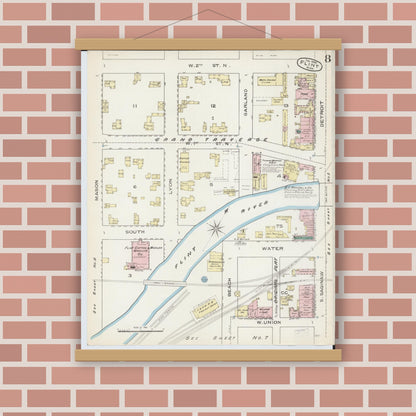 Old map wall art mockup — magnetic wood frame on brick wall — Sanborn Fire Insurance Map from Flint, Genesee County, Michigan (1886), Sheet #0008
