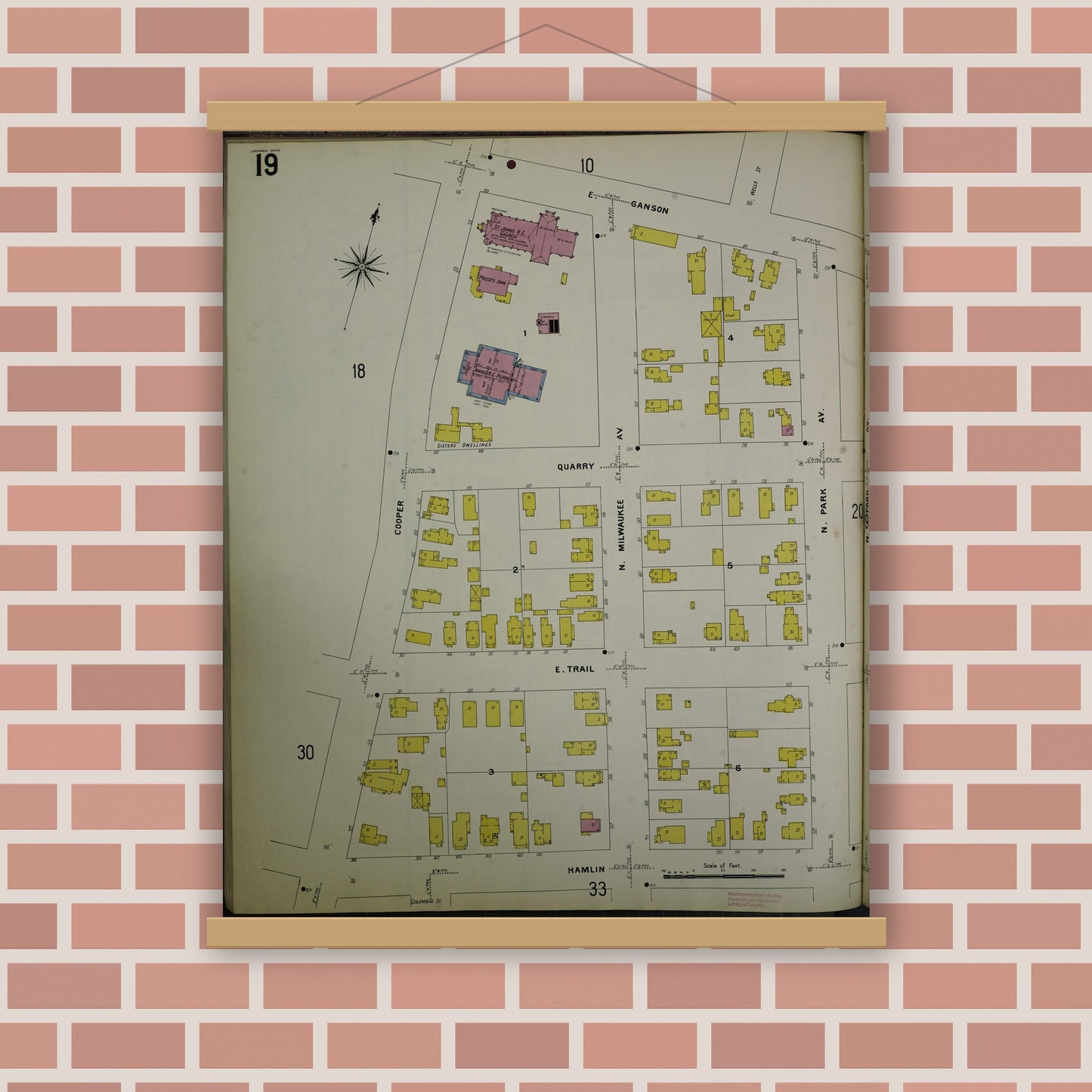 Old map wall art mockup — magnetic wood frame on brick wall — Sanborn Fire Insurance Map from Jackson, Jackson County, Michigan (1907), Sheet #0019