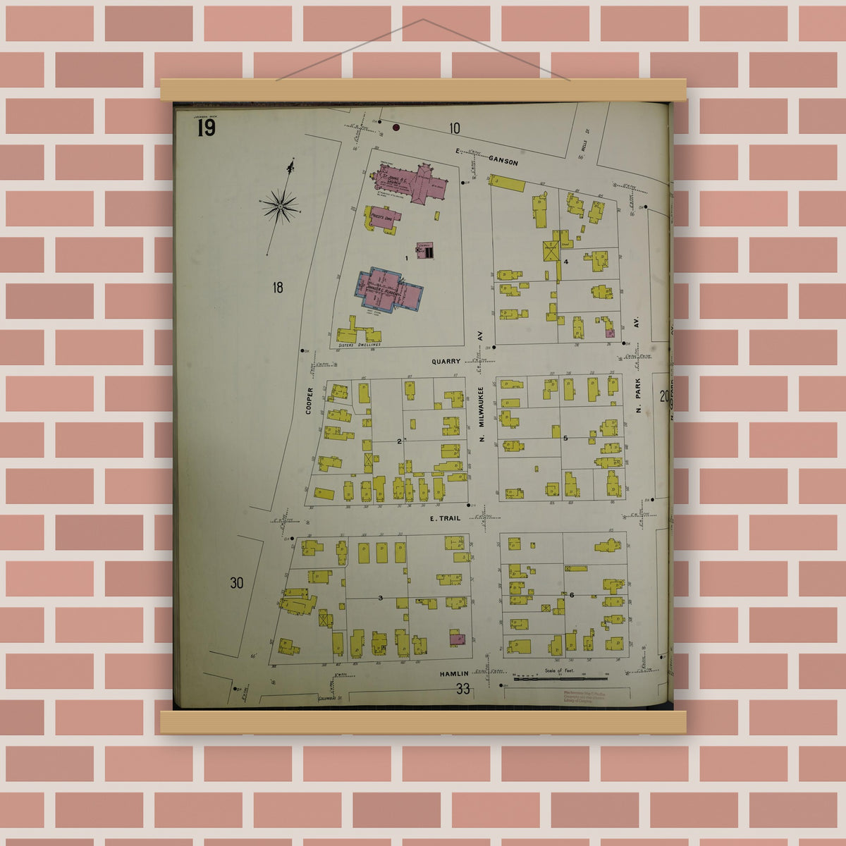 Old map wall art mockup — magnetic wood frame on brick wall — Sanborn Fire Insurance Map from Jackson, Jackson County, Michigan (1907), Sheet #0019