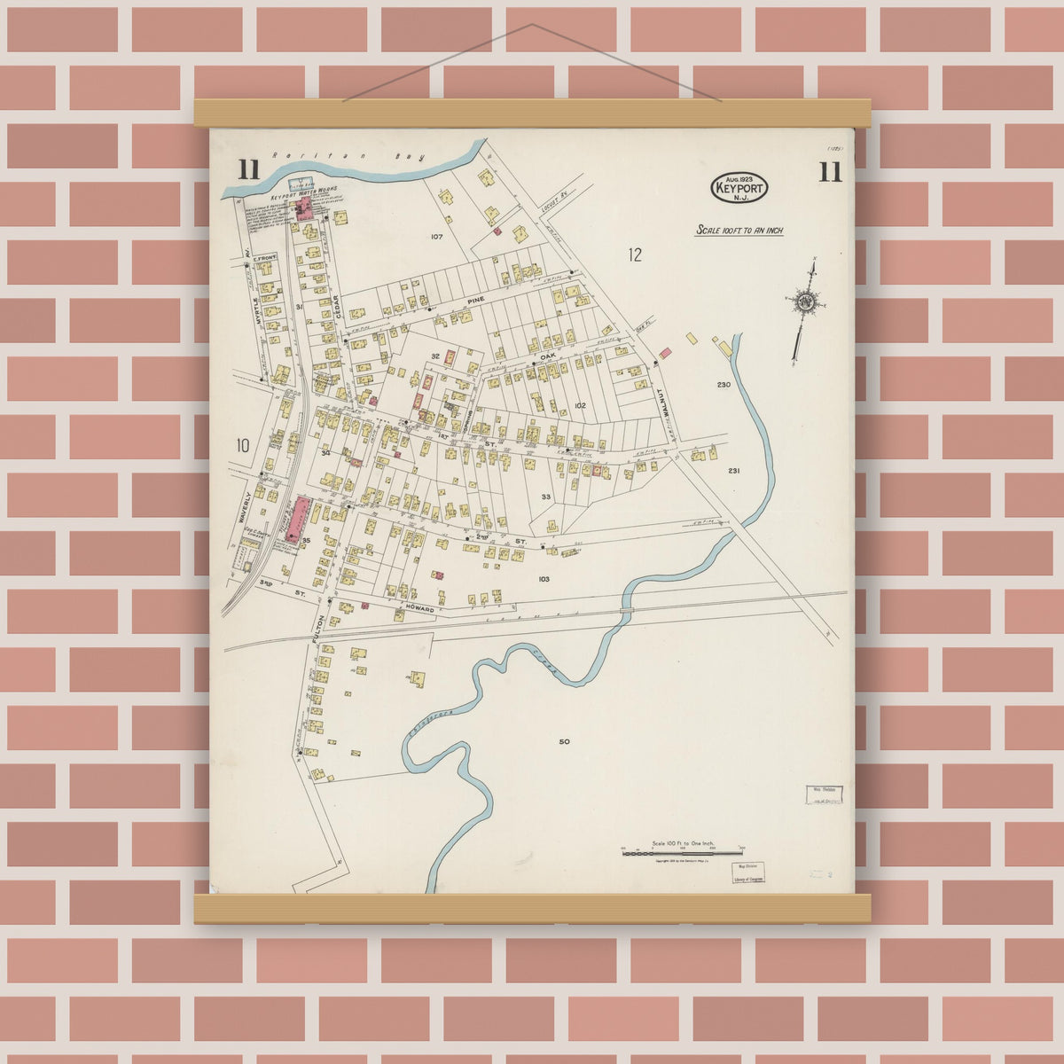 Old map wall art mockup — magnetic wood frame on brick wall — Sanborn Fire Insurance Map from Keyport, Monmouth County, New Jersey (1923), Sheet #0011